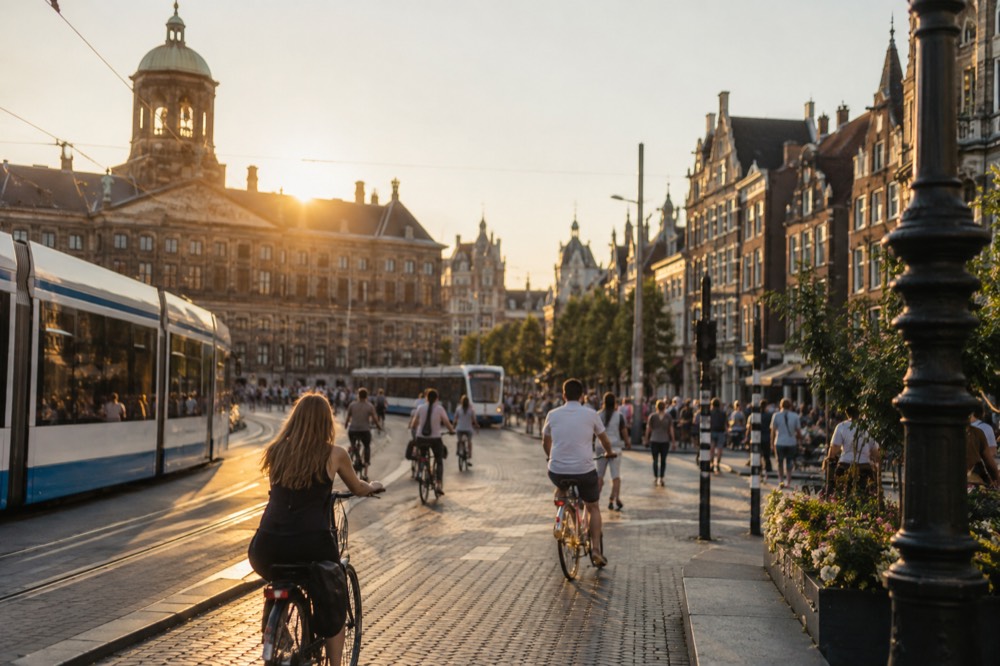 A wide Amsterdam street with trams, cyclists and gabled buildings in summer light