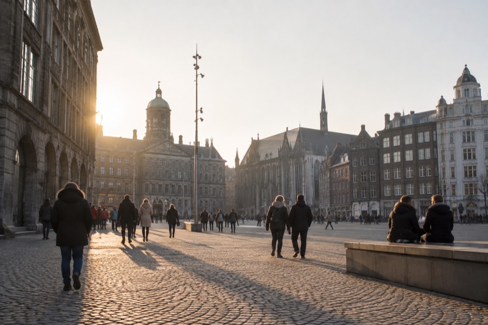 Low winter sun across the rooftops near Dam Square