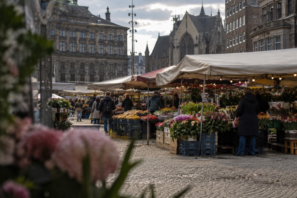 Market stalls with flowers and produce under awnings on an Amsterdam street