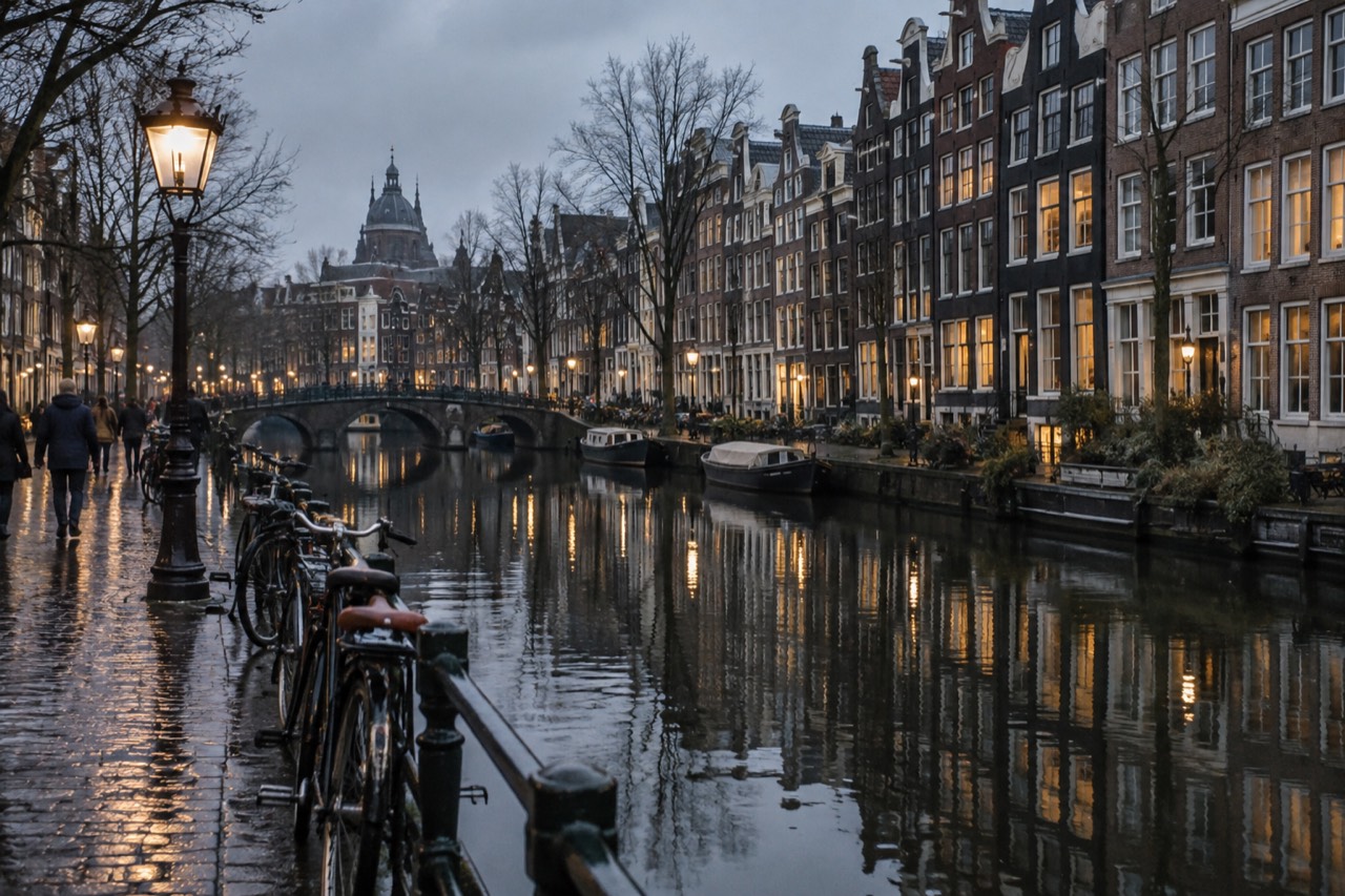 Canal houses reflected in still water along a city waterway at dusk