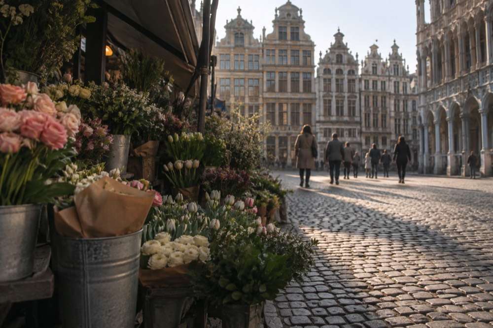 Cobblestone street with guild houses and a flower stall in central Brussels
