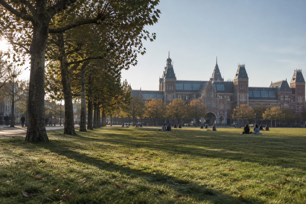 Museumplein lawn with the Rijksmuseum brick facade behind trees