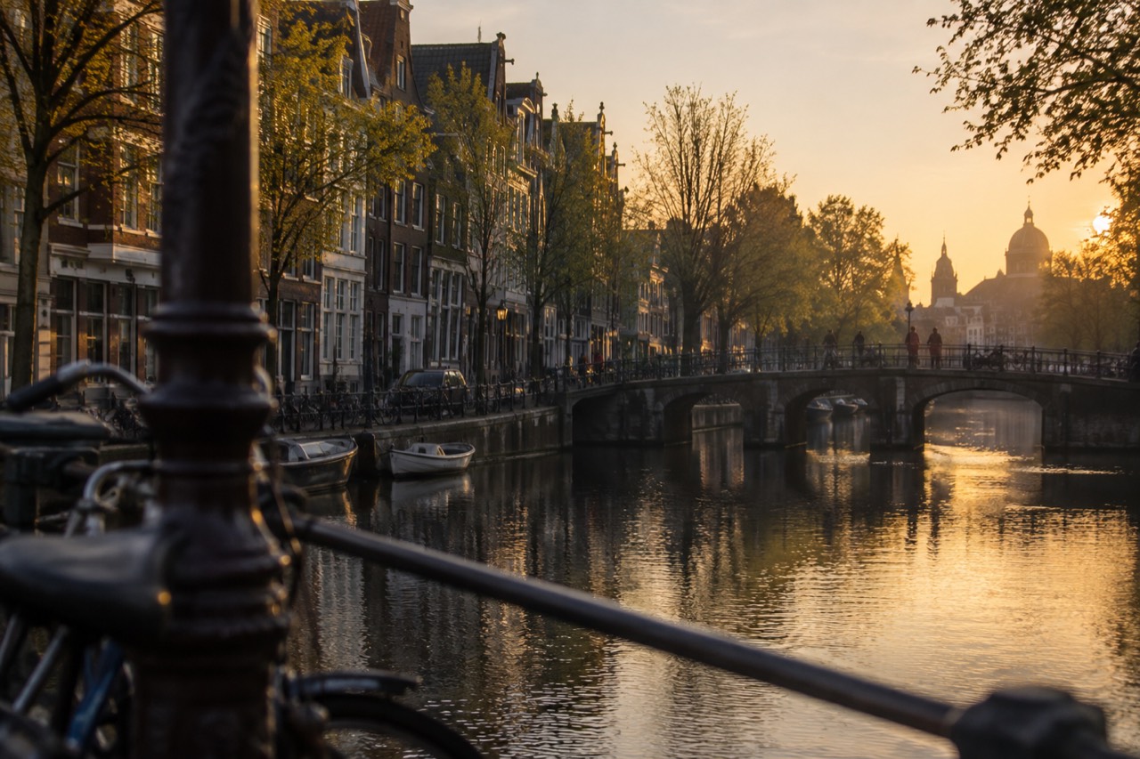 Amsterdam canal lined with gabled houses and a low bridge over still water