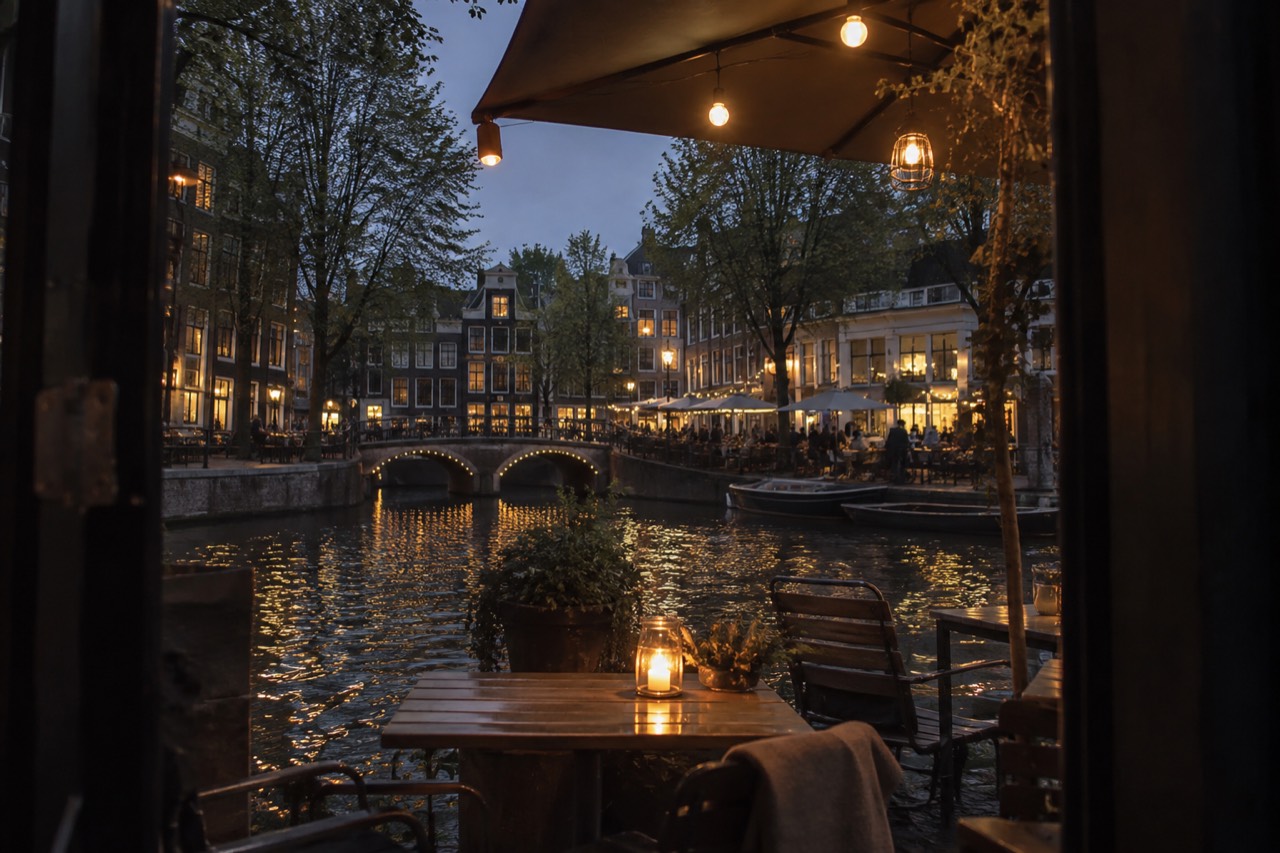 Canal-side restaurant terrace in Amsterdam with lamps lit above the water in the evening