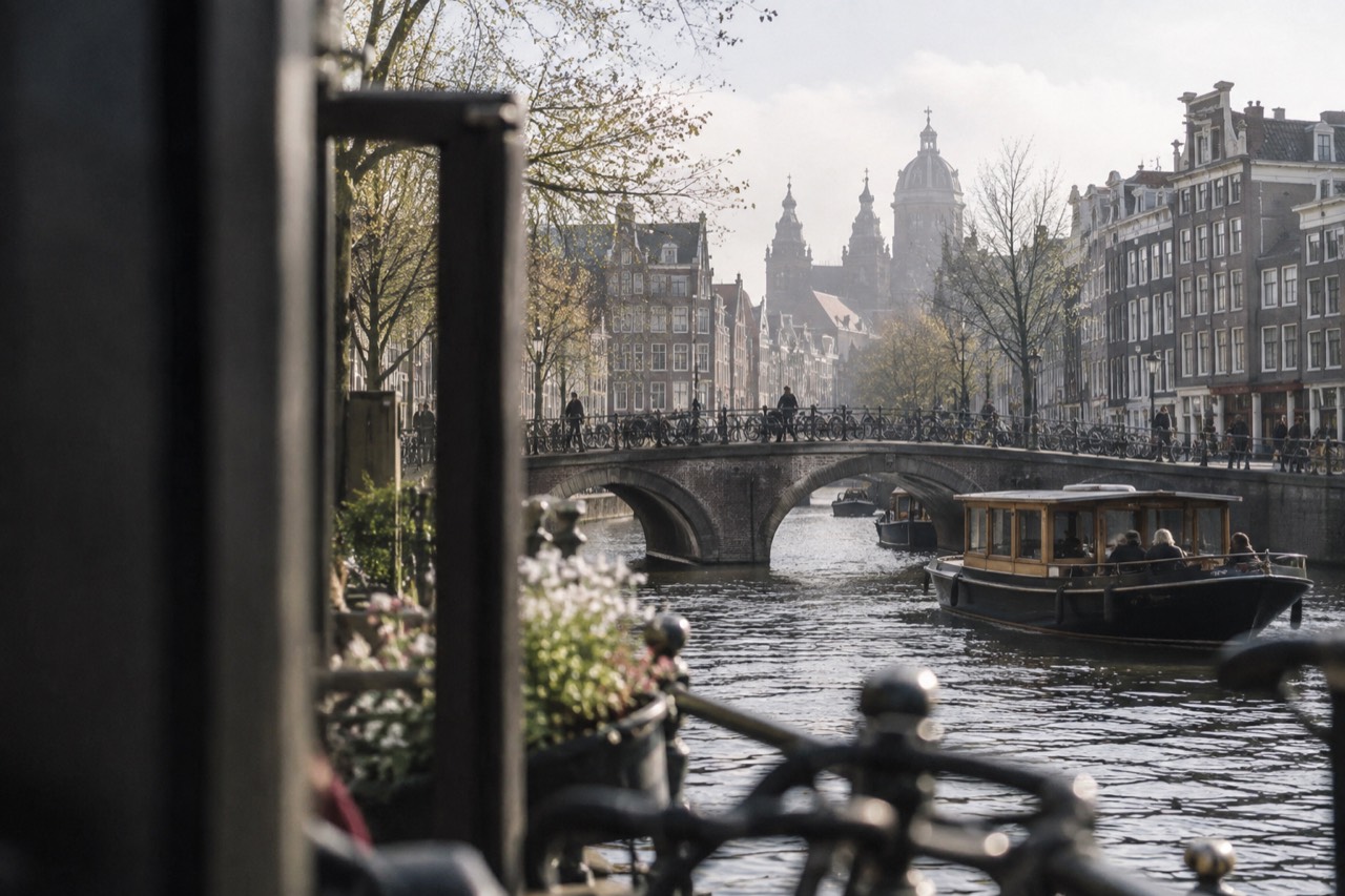Amsterdam canal houses and bridges along the water on a bright morning