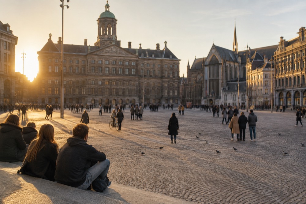 A street-level view of Dam Square on an ordinary weekday morning