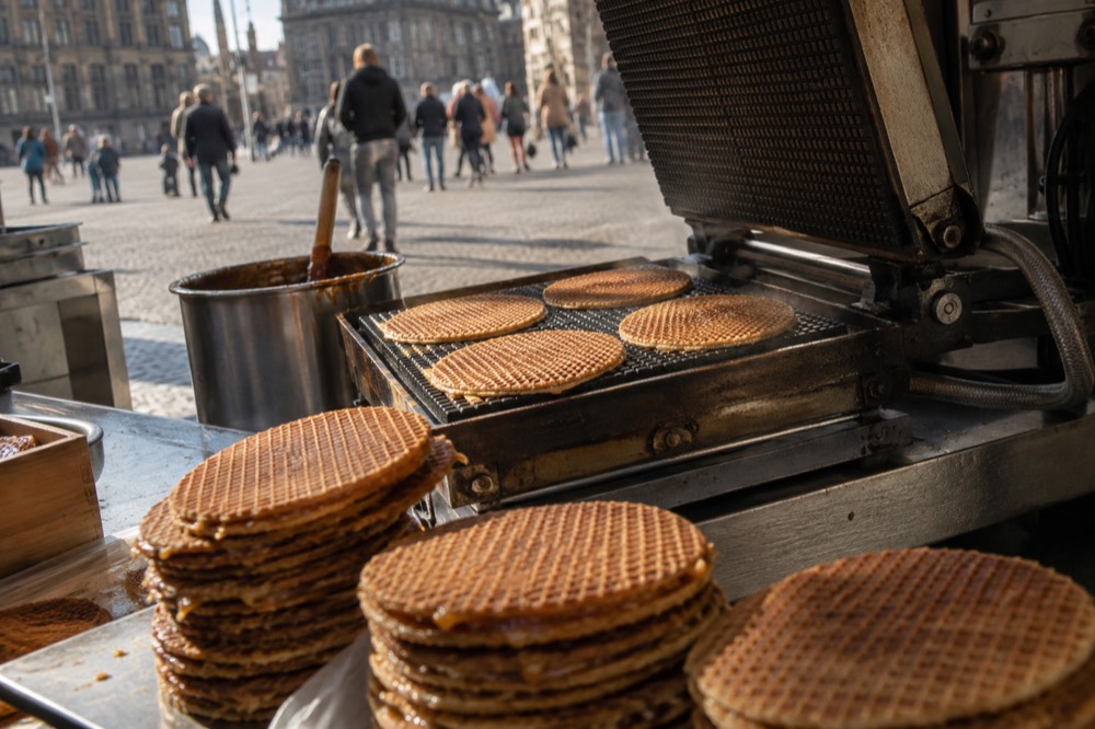 Freshly made stroopwafels with caramel syrup pressing on a market stall counter