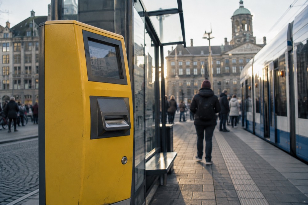 A yellow GVB ticket machine beside a tram stop on a busy Amsterdam street