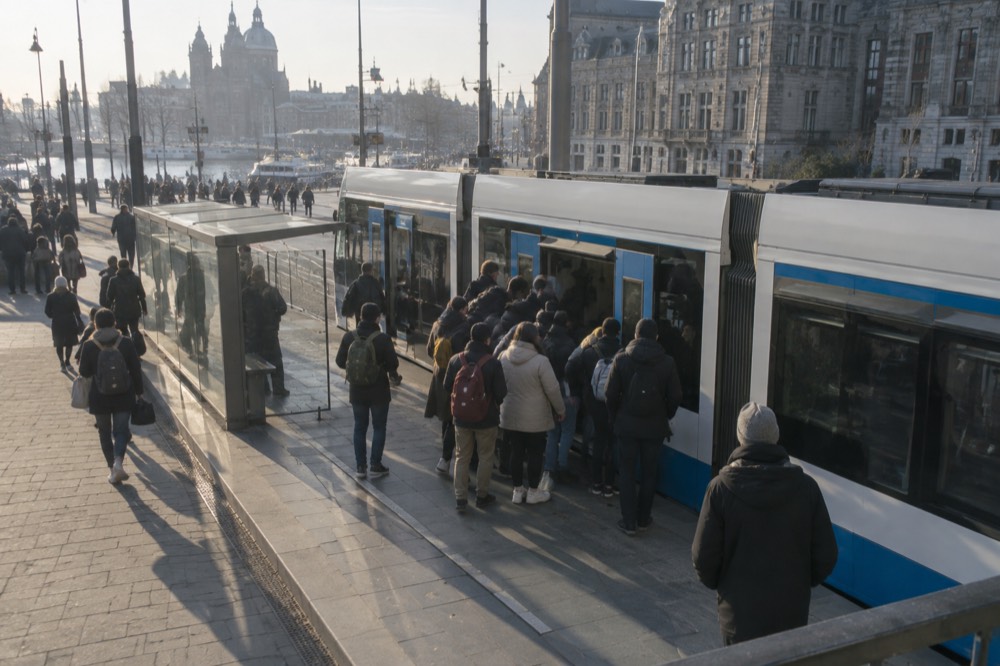 Passengers boarding a crowded Amsterdam tram at a stop near the central station