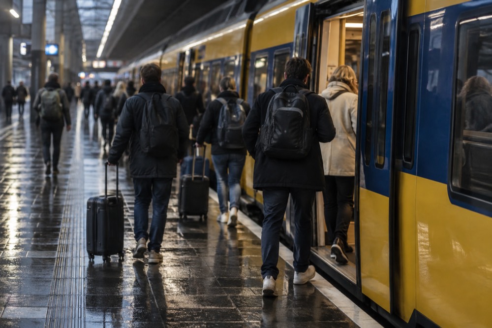 A yellow NS train at an underground airport platform with passengers boarding