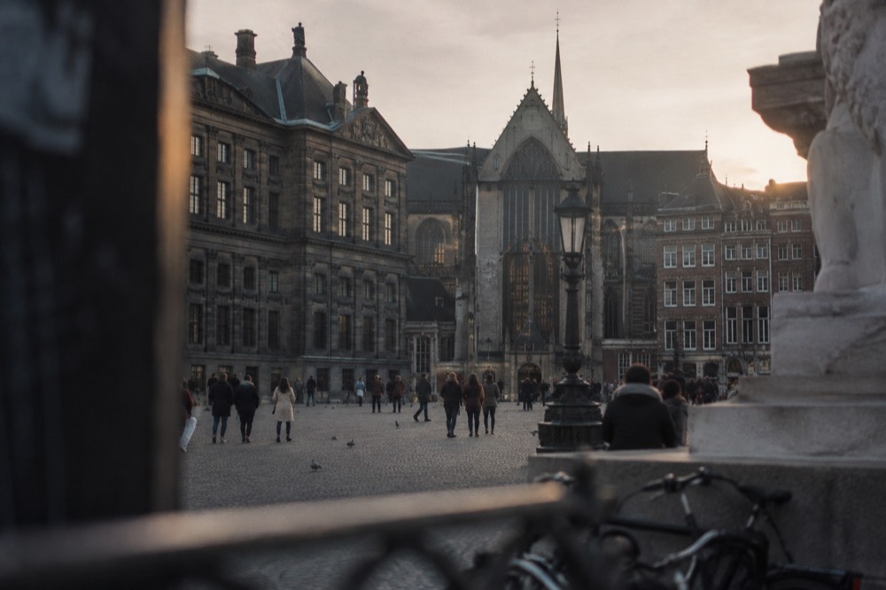 Low winter sun across the rooftops near Dam Square
