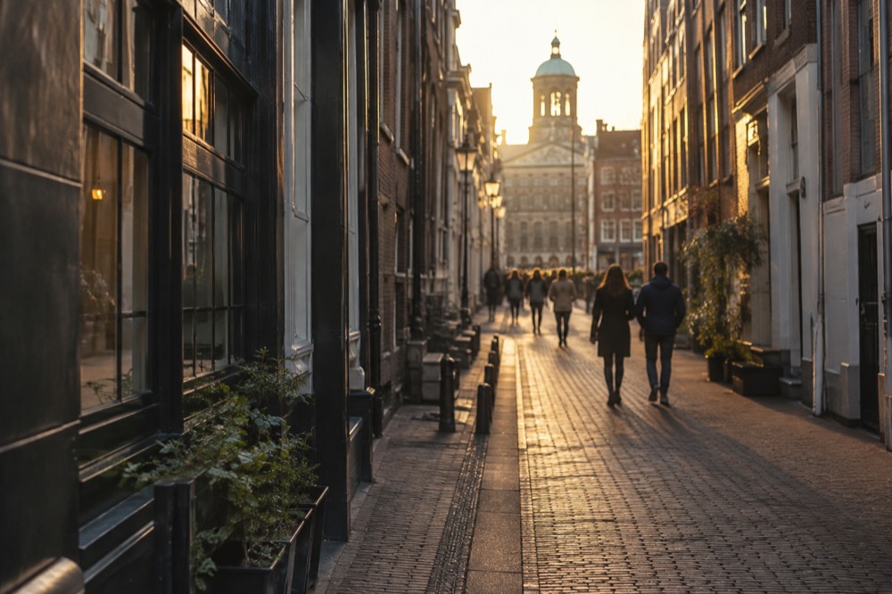 A narrow side street leading away from Dam Square