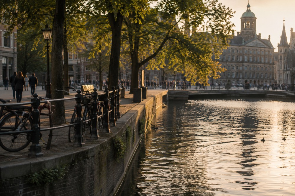 A quiet corner of Dam Square with trees overhanging the water