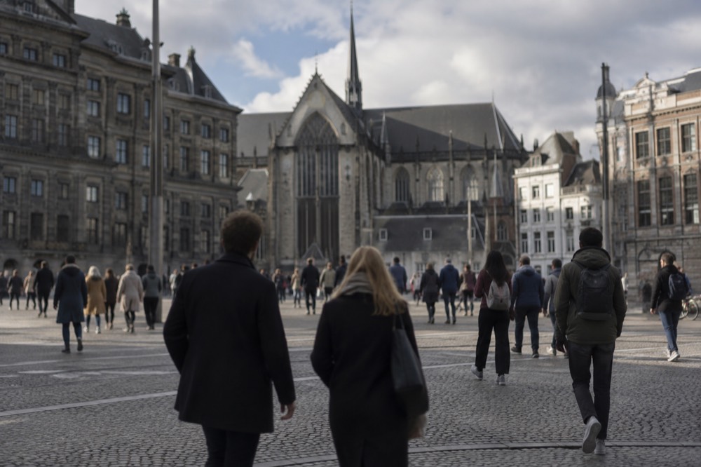 People walking past Dam Square, seen from across the street