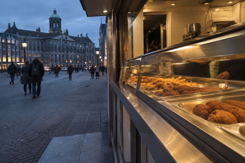A snack bar counter with fried snacks displayed behind glass under warm lights