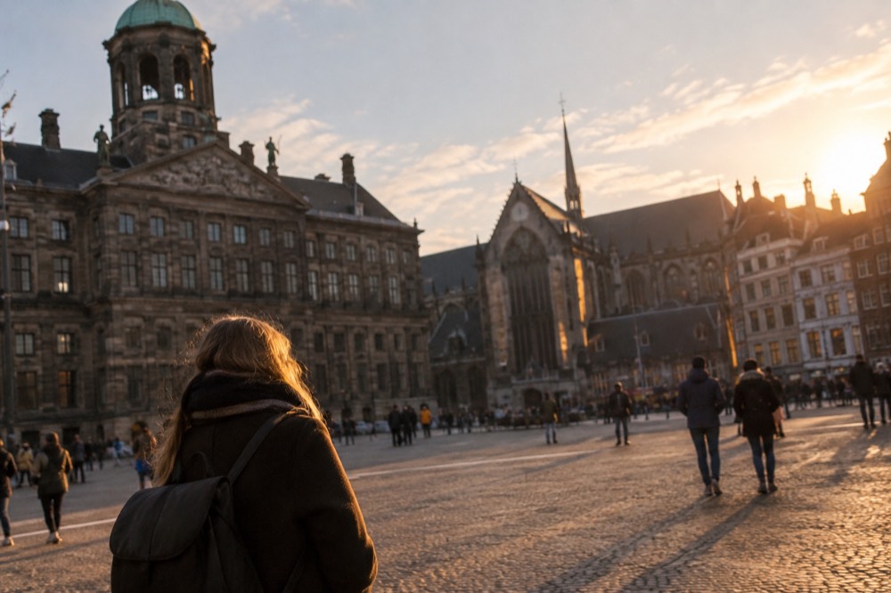 Low winter sun across the rooftops near Dam Square