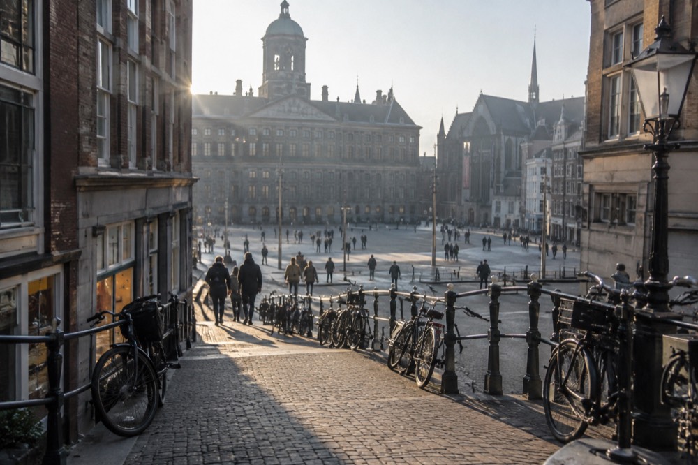 The approach to Dam Square, with bicycles leaning against the railings