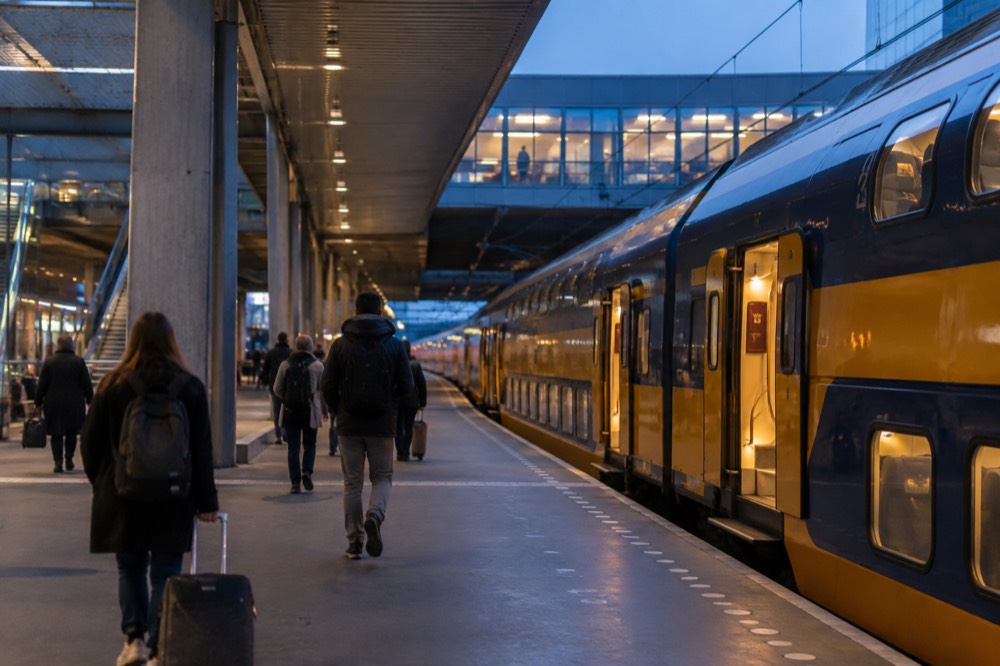 Train platform beneath an airport terminal with a double-decker train at the ready