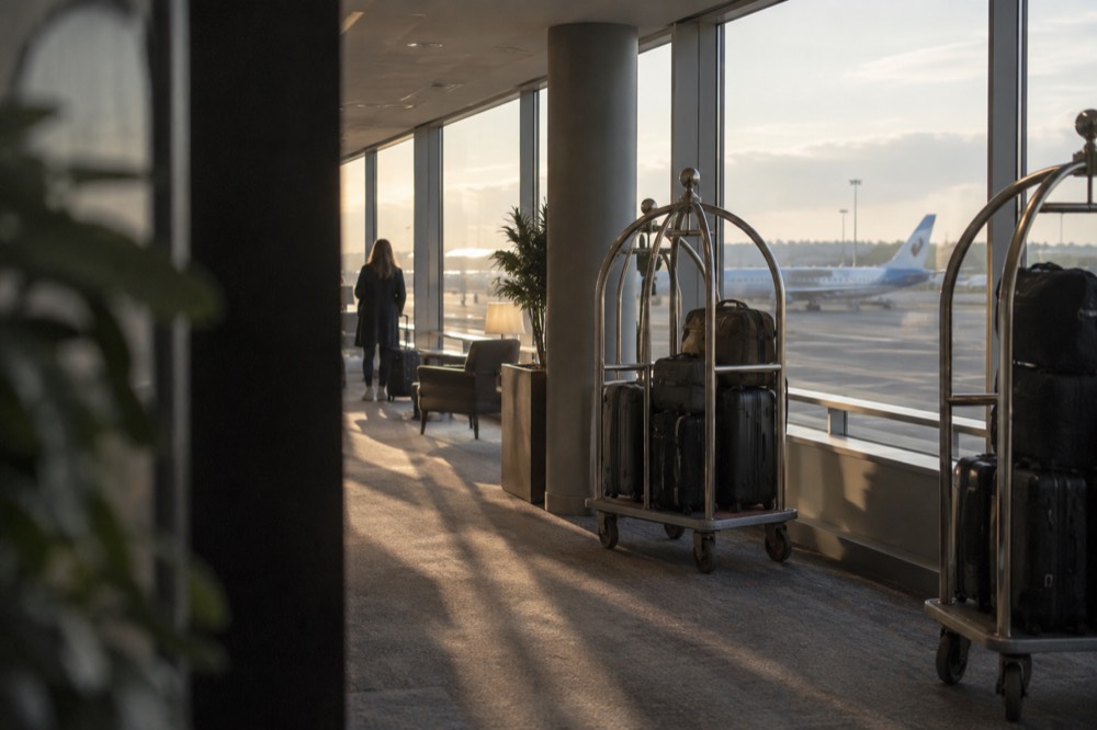 Hotel corridor with luggage trolleys parked beside a wall of windows overlooking a runway