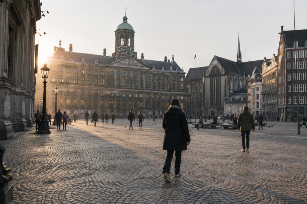 A street-level view of Dam Square on an ordinary weekday morning