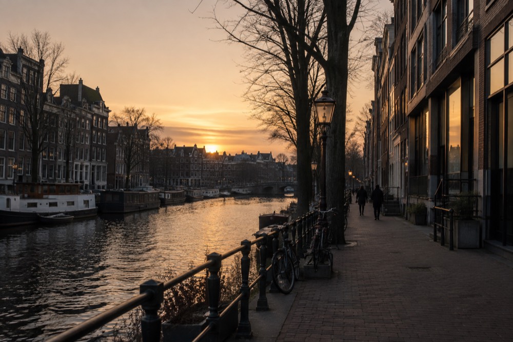 Low winter sun across the rooftops near Anne Frank House