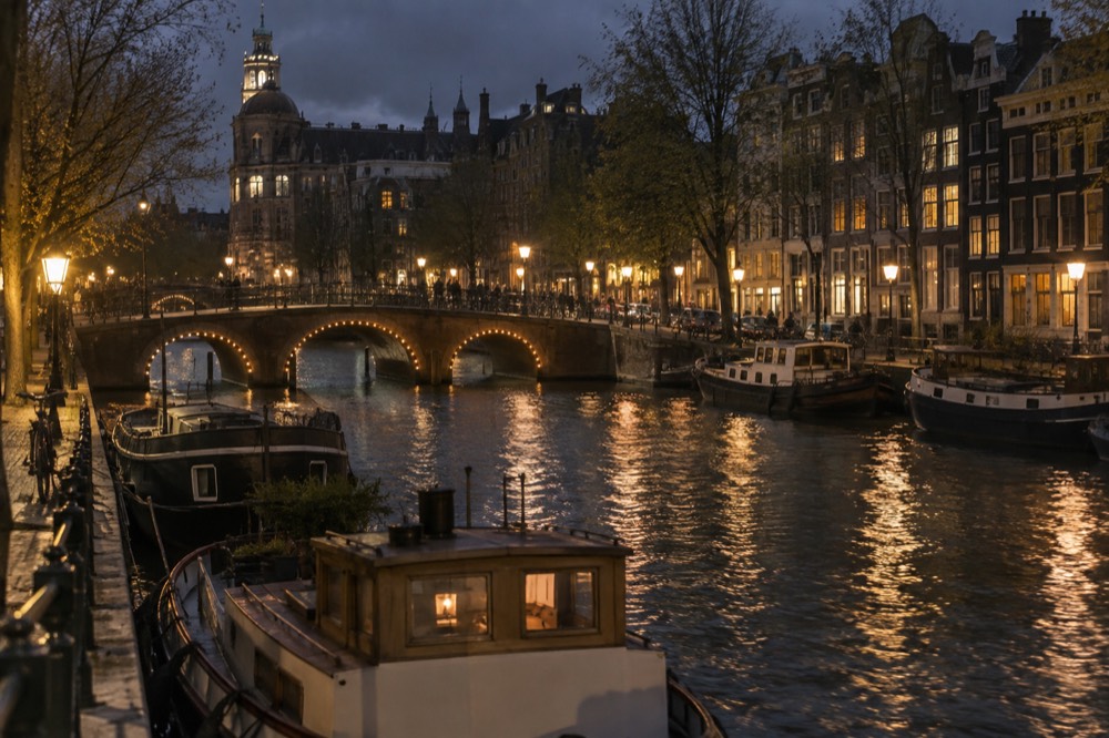 A canal bridge and moored boats close to Dam Square