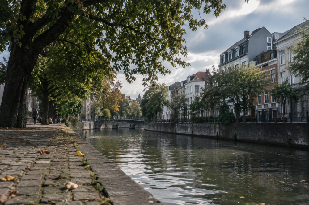 A quiet corner of Brussels with trees overhanging the water