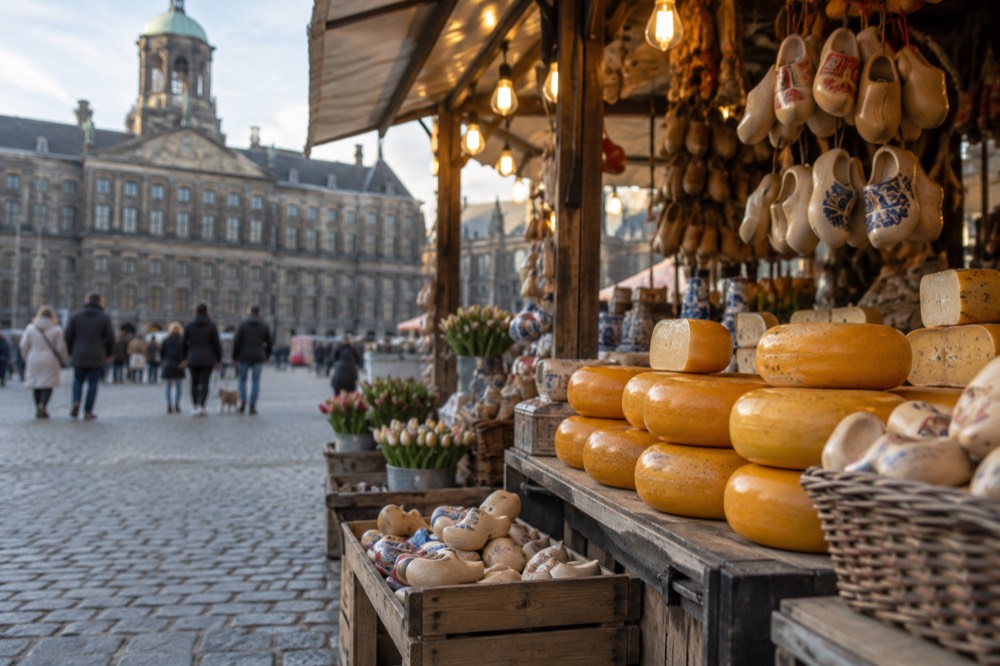 A market stall displaying rounds of Dutch cheese and wooden souvenirs under warm lights