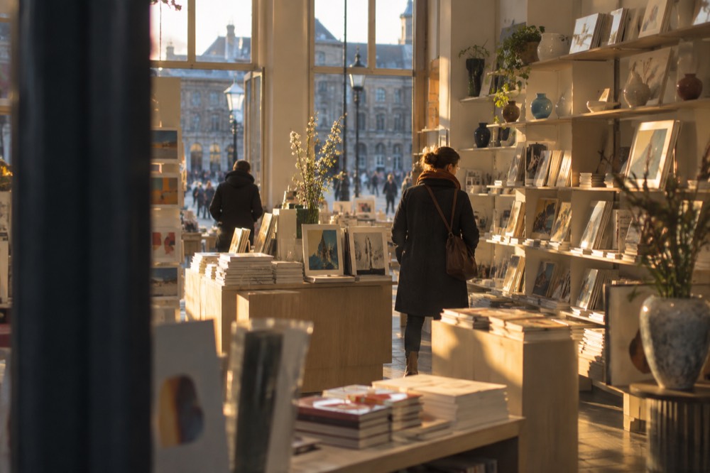 A bright museum gift shop with shelves of art books, prints and ceramics