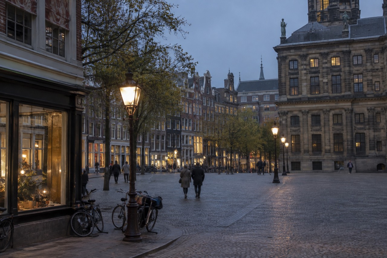 Canal houses and shop fronts along a quiet Amsterdam street in morning light