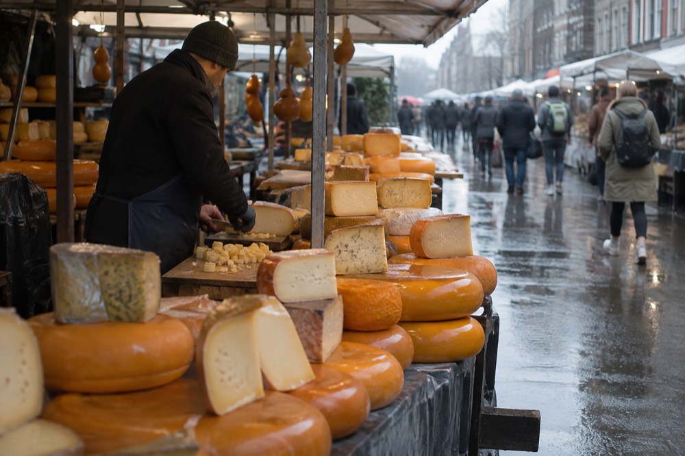 A stall at Albert Cuyp Market with rows of Gouda cheese wheels and a vendor slicing samples