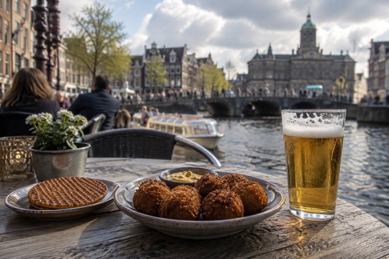 A plate of bitterballen with mustard, a stroopwafel, and a glass of beer on a canal-side table