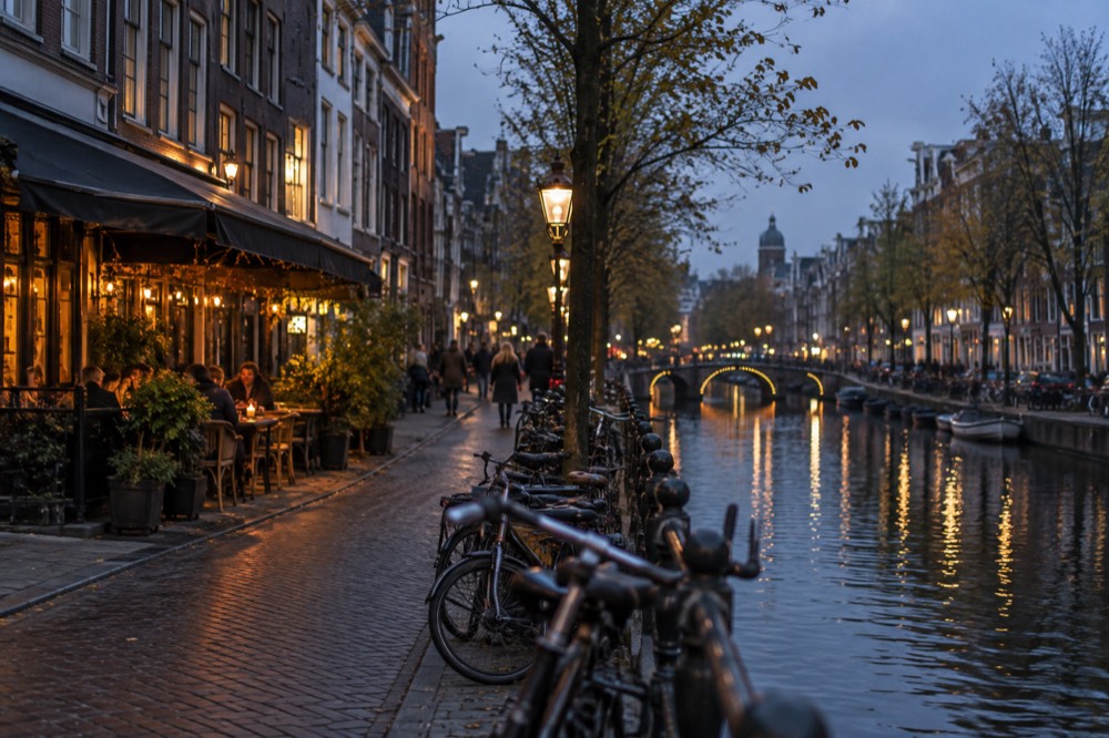 A canal-side street in Amsterdam with small restaurants and bicycles parked outside