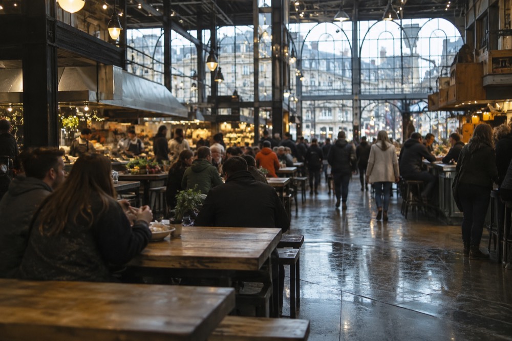 A busy indoor food hall with food stalls and shared wooden tables