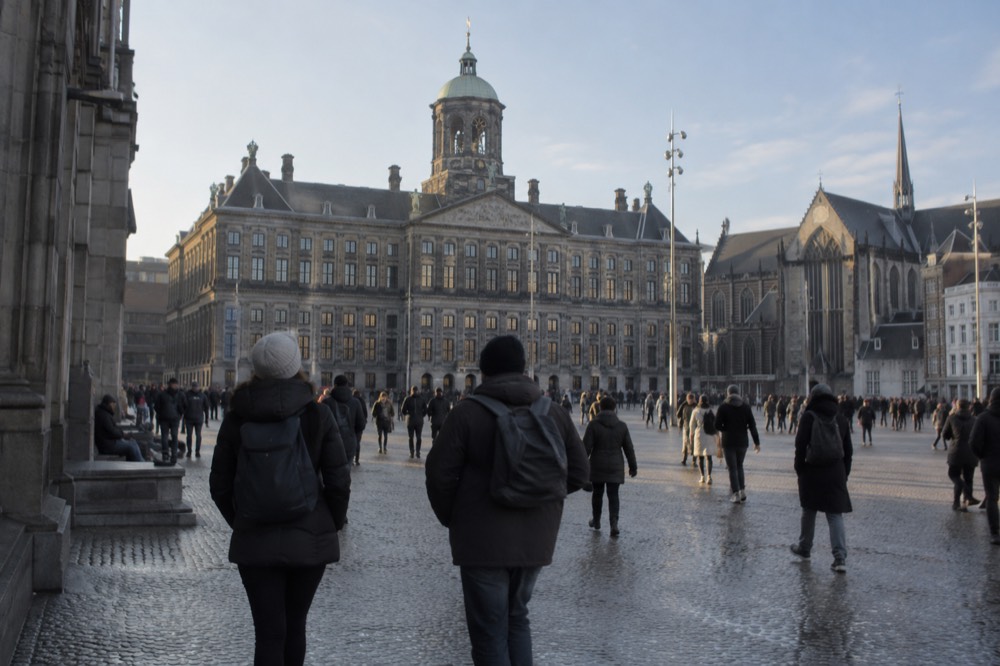 A street-level view of Dam Square on an ordinary weekday morning