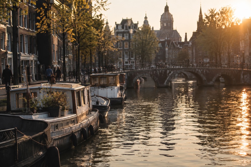 A canal bridge and moored boats close to Dam Square