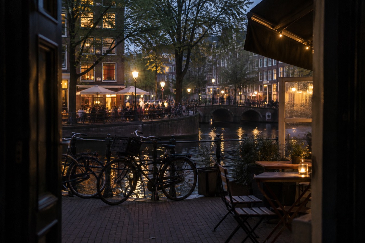 A canal-side street in Amsterdam with small restaurants and bicycles parked outside