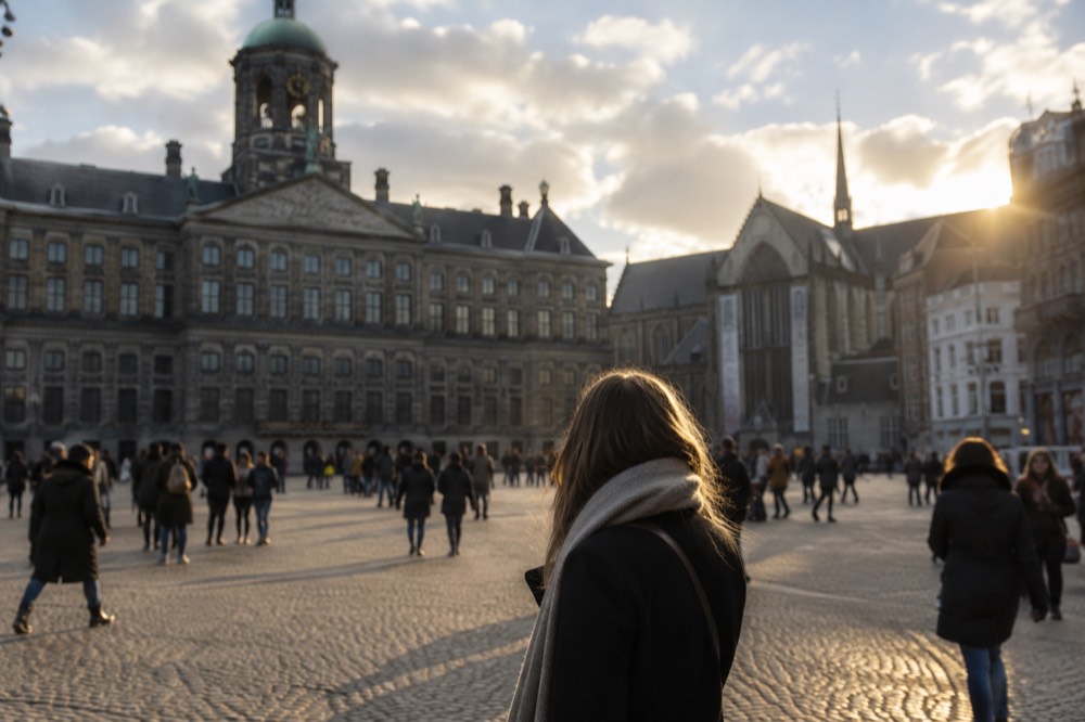 Low winter sun across the rooftops near Dam Square