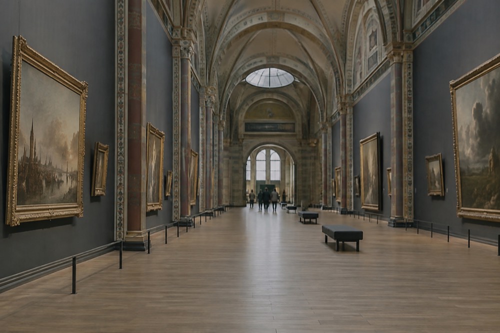 The Rijksmuseum gallery of honour, an empty corridor of gilded framed paintings under high vaulted ceilings