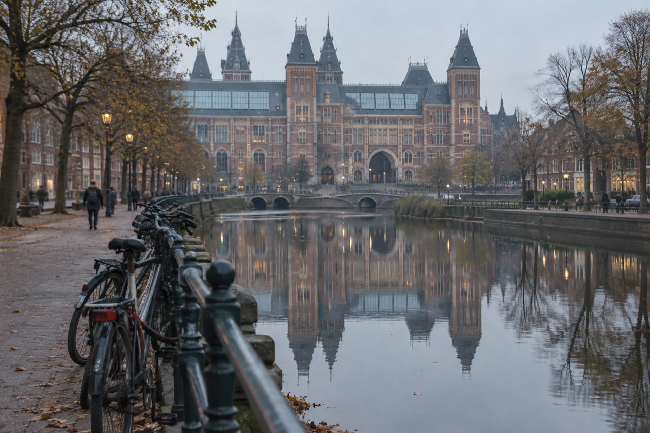 The Rijksmuseum facade reflected in a still canal at dawn, bicycles parked along the museum quarter promenade