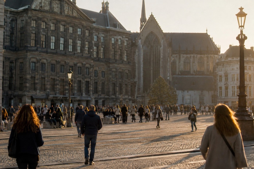 People walking past Dam Square, seen from across the street