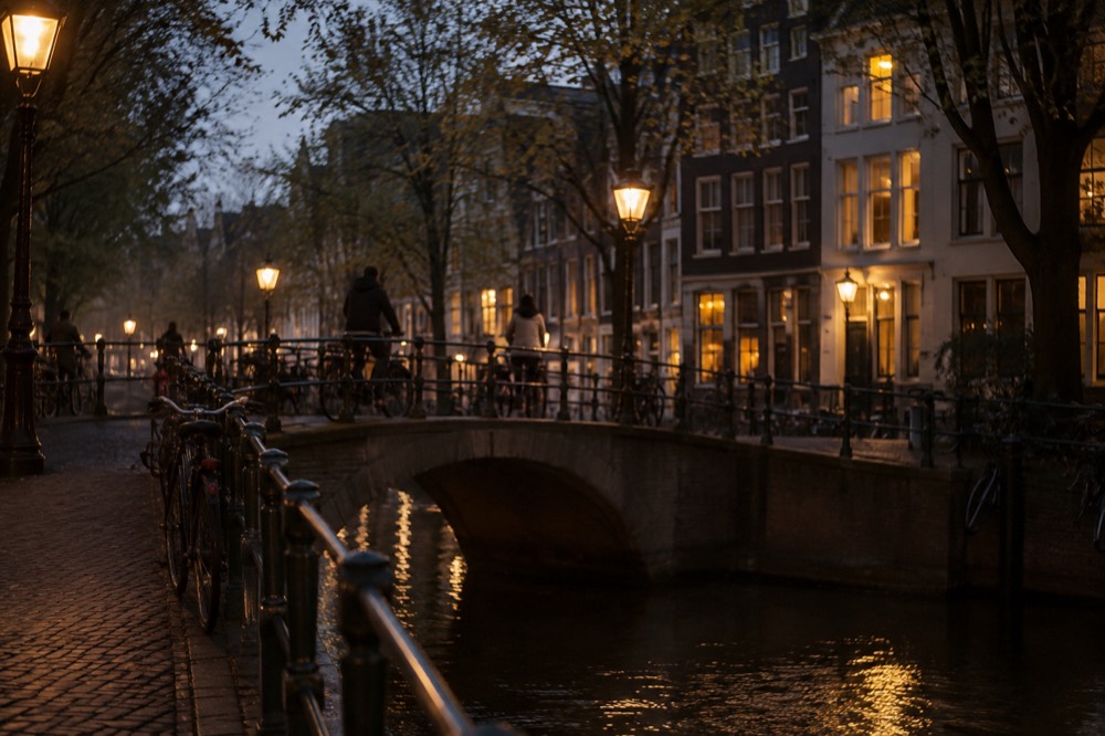 Cyclists crossing a narrow canal bridge lined with trees in a quiet Amsterdam street