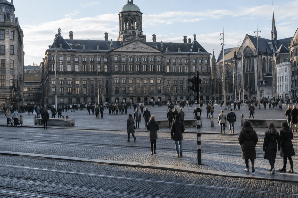 People walking past Dam Square, seen from across the street