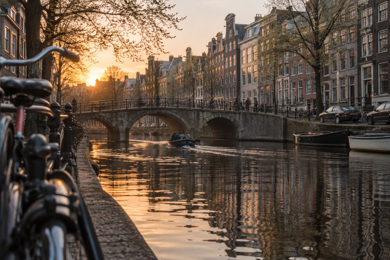 Canal houses reflected in still water at dusk with a small boat passing under a stone bridge