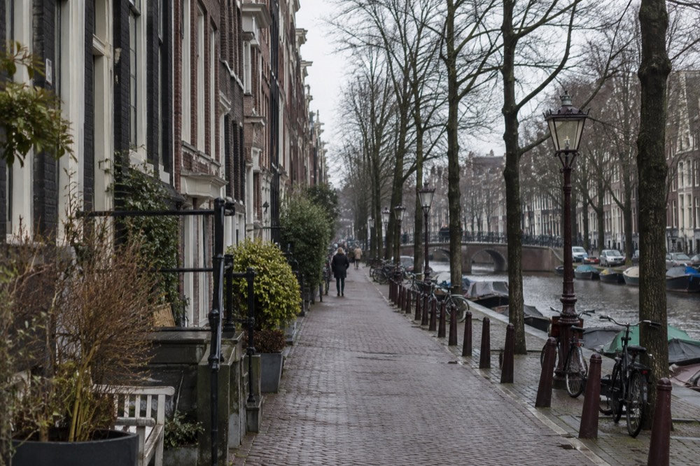 A narrow Jordaan side street with bare trees, brick gabled houses and a canal in winter light