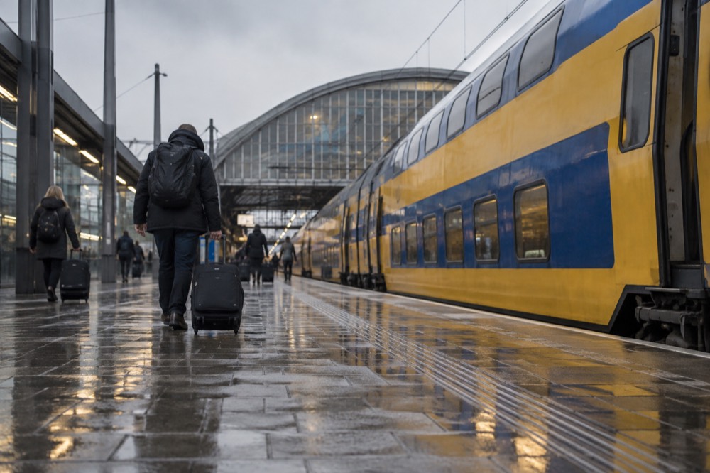 A train platform at Schiphol airport with a stationary double-decker carriage
