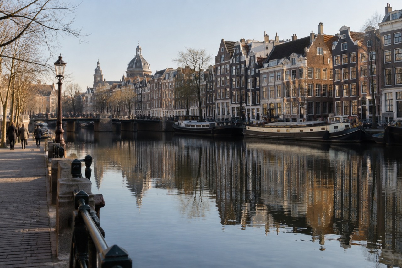 Amsterdam canal houses reflected in still water beside a stone quay