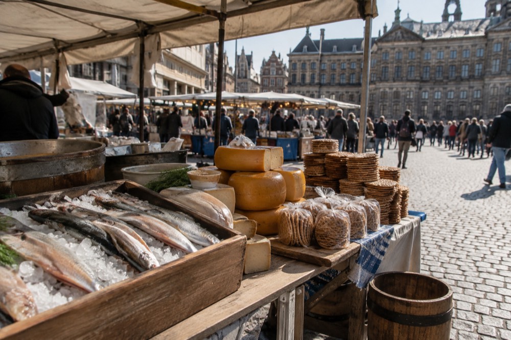 A market stall with fresh herring, cheese wheels and stacked stroopwafels under an awning