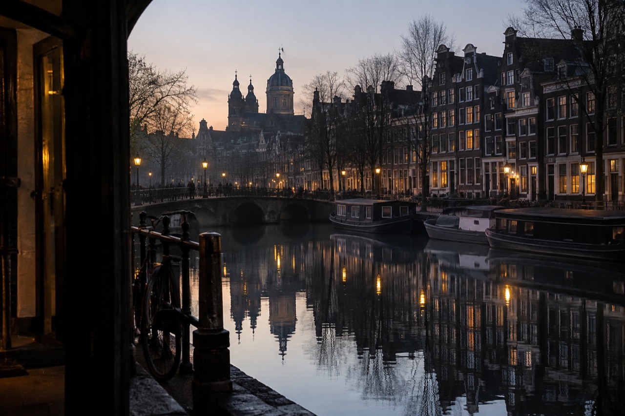 Amsterdam canal houses reflected in still water at dawn