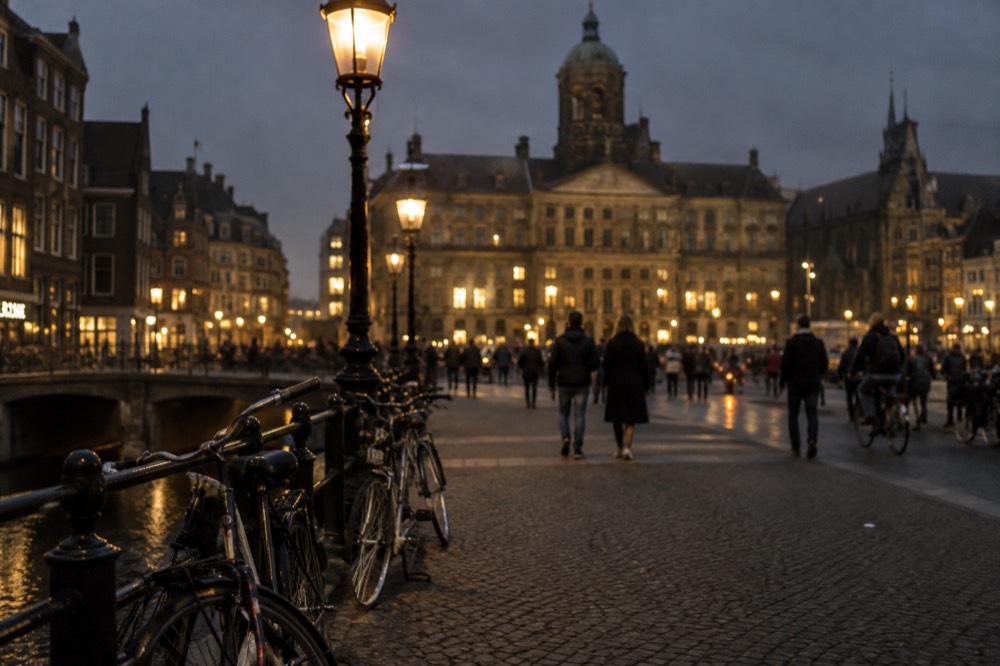 The approach to Dam Square, with bicycles leaning against the railings